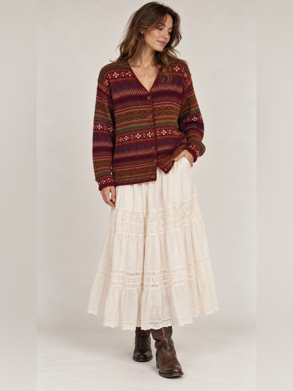 Vintage Wool Fair Isle Cardigan Burgundy Cottagecore Nordic Sweater sz small
